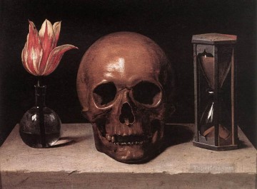 静物 Painting - 頭蓋骨のある静物画 宗教家フィリップ・ド・シャンパーニュ